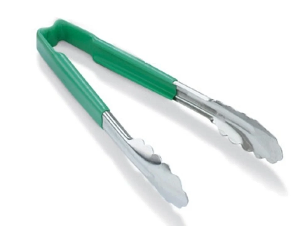Vollrath 4781270 Jacob's Pride 1-Piece Stainless Steel Scalloped Utility Tongs with Color-Coded Kool-Touch Handle 12" - Green