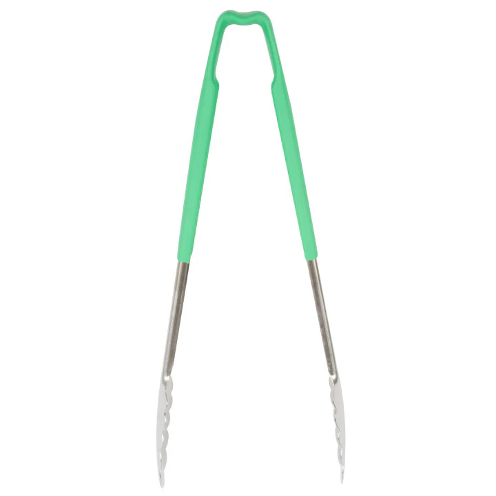 Vollrath 4781270 Jacob's Pride 1-Piece Stainless Steel Scalloped Utility Tongs with Color-Coded Kool-Touch Handle 12" - Green - Image 4