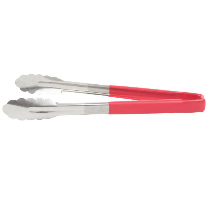 Vollrath 4781240 Jacob's Pride 1-Piece Stainless Steel Scalloped Utility Tongs with Color-Coded Kool-Touch Handle 12" - Red - Image 3