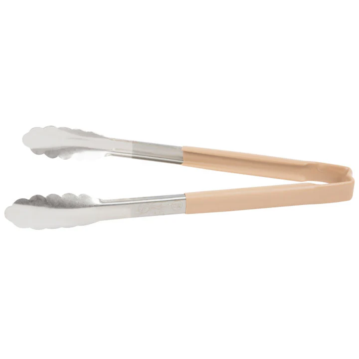 Vollrath 4781260 Jacob's Pride 1-Piece Stainless Steel Scalloped Utility Tongs with Color-Coded Kool-Touch Handle 12" - Tan