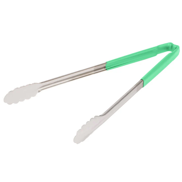Vollrath 4781670 Jacob's Pride 1-Piece Stainless Steel Scalloped Utility Tongs with Color-Coded Kool-Touch Handle 16" - Green