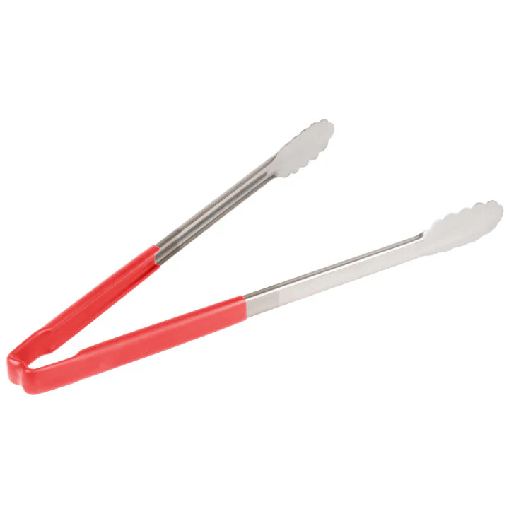 Vollrath 4781640 Jacob's Pride 1-Piece Stainless Steel Scalloped Utility Tongs with Color-Coded Kool-Touch Handle 16" - Red - Image 2