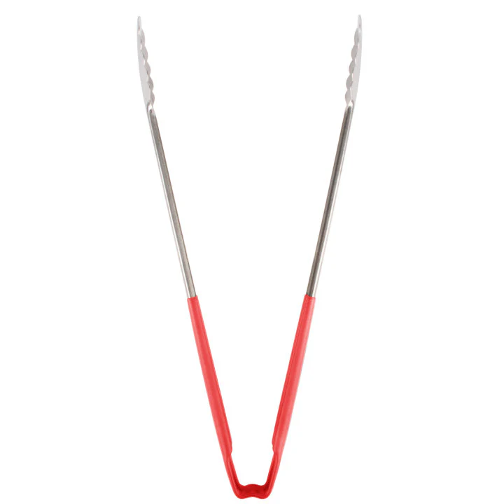 Vollrath 4781640 Jacob's Pride 1-Piece Stainless Steel Scalloped Utility Tongs with Color-Coded Kool-Touch Handle 16" - Red - Image 3