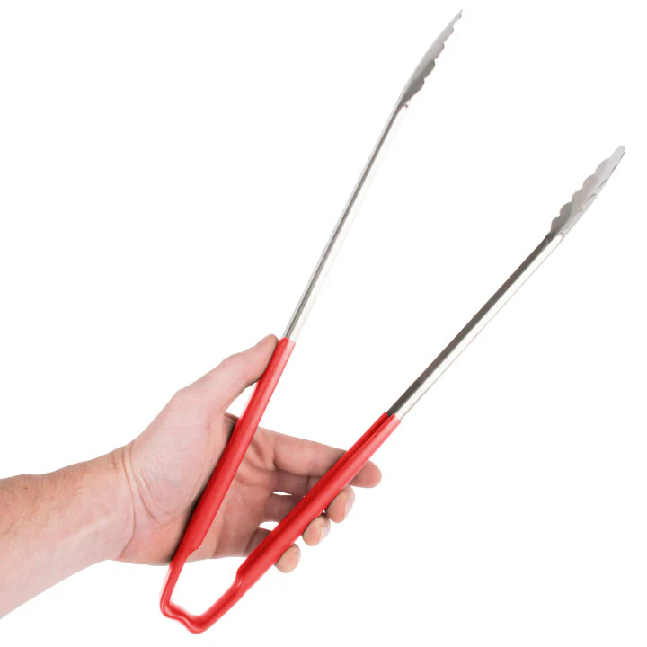 Vollrath 4781640 Jacob's Pride 1-Piece Stainless Steel Scalloped Utility Tongs with Color-Coded Kool-Touch Handle 16" - Red - Image 5