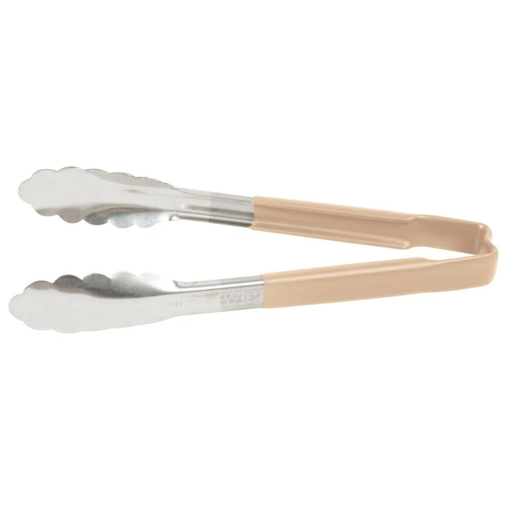 Vollrath 4780960 Jacob's Pride 1-Piece Stainless Steel Scalloped Utility Tongs with Color-Coded Kool-Touch Handle 9-1/2" - Tan