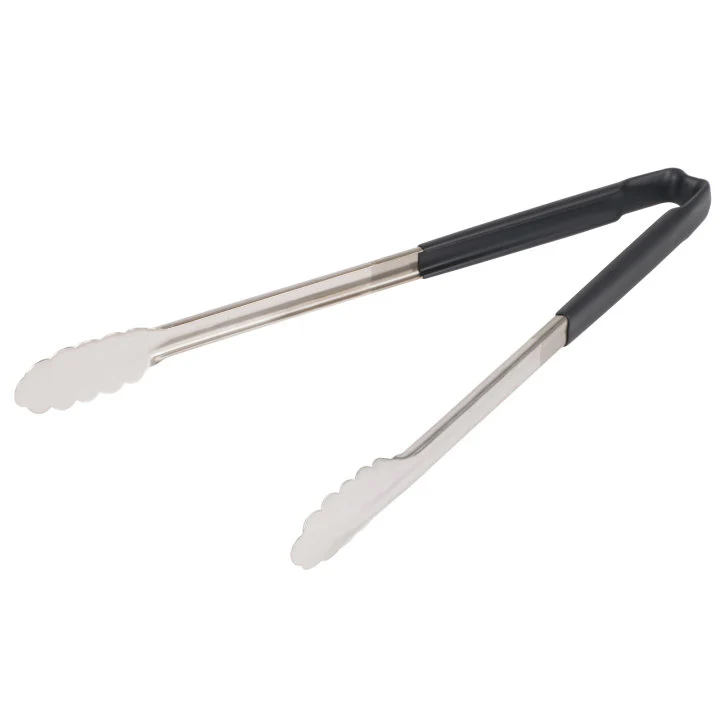 Vollrath 4781620 Jacob's Pride 1-Piece Stainless Steel Scalloped Utility Tongs with Color-Coded Kool-Touch Handle 16" - Black
