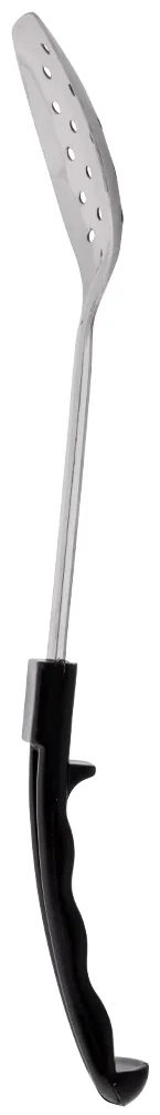 Browne 5763 Heavy Gauge Stainless Steel 3-Sided Perforated Serving Spoon with Black Plastic Handle 13" - Image 2