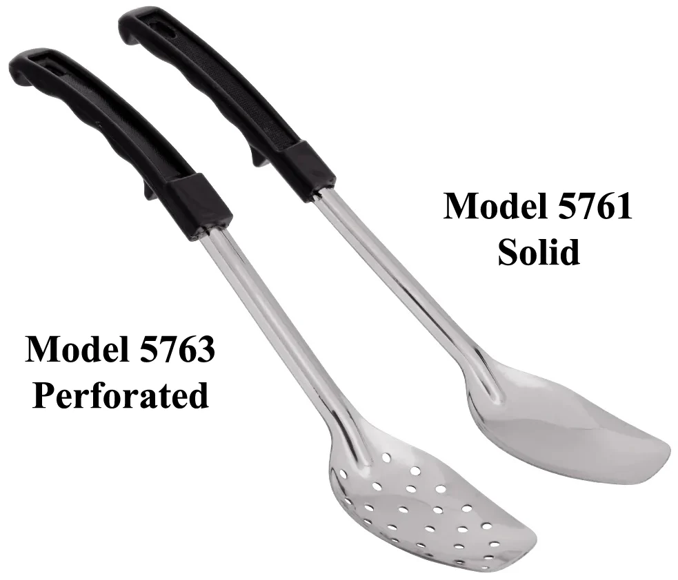 Browne 5763 Heavy Gauge Stainless Steel 3-Sided Perforated Serving Spoon with Black Plastic Handle 13" - Image 3