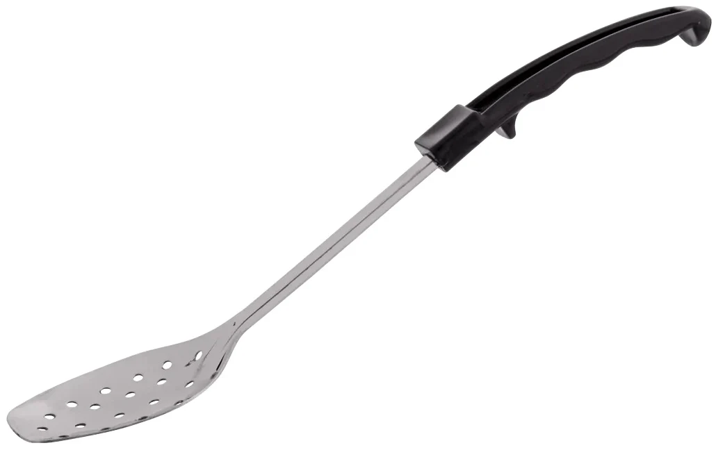 Browne 5763 Heavy Gauge Stainless Steel 3-Sided Perforated Serving Spoon with Black Plastic Handle 13" - Image 4
