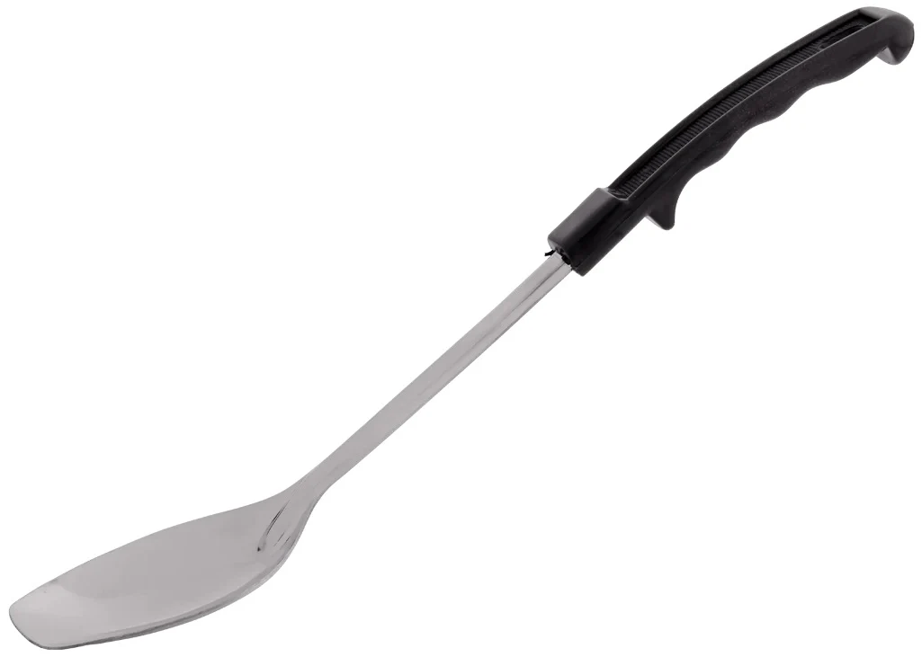 Browne 5761 Heavy Gauge Stainless Steel 3-Sided Solid Serving Spoon with Black Plastic Handle 13" - Image 4