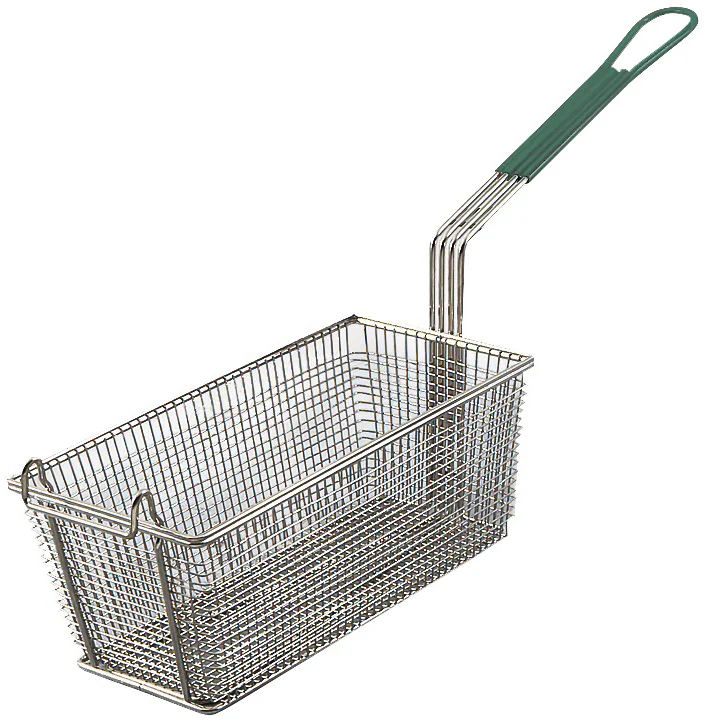 Browne 79213 Nickle-Plated Wire Rectangular Fryer Basket with Green Plastic Coated Handle & Front Hook 12-1/2" x 6-1/4" x 5-1/4"H