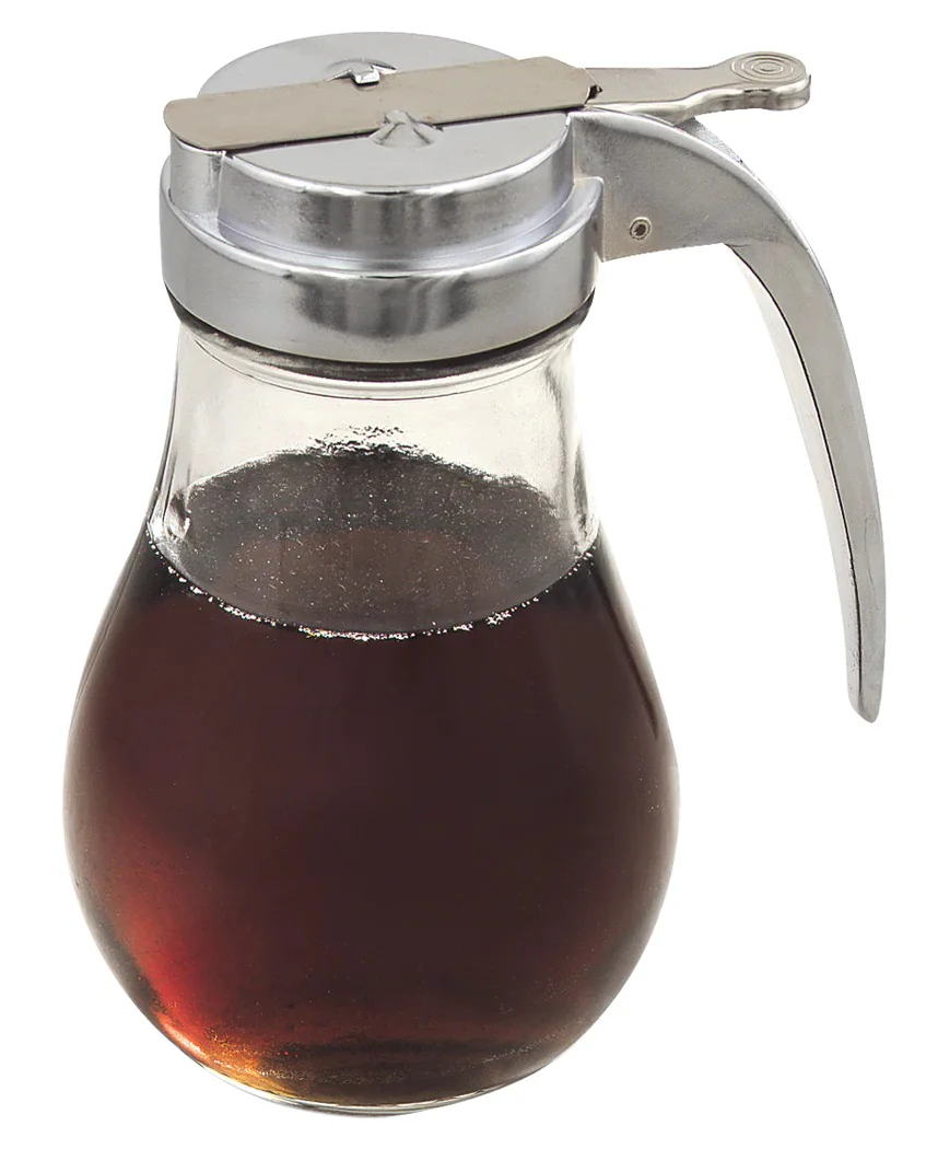 Browne 575229 Teardrop Glass Syrup Dispenser with Chrome-Plated Metal Top & Handle 14 oz. - 4/Set - Image 2