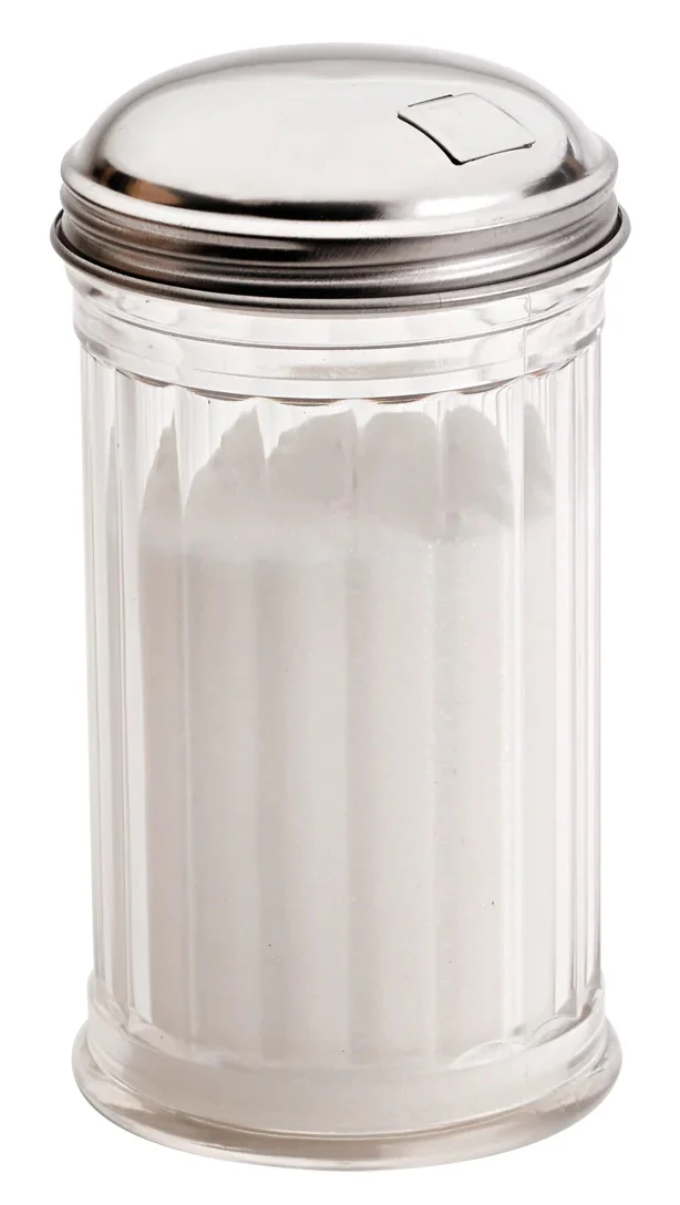 Browne 575231 Round Fluted Plastic Sugar Pourer with Stainless Steel Top 12 oz. - Clear - 4/Set - Image 2