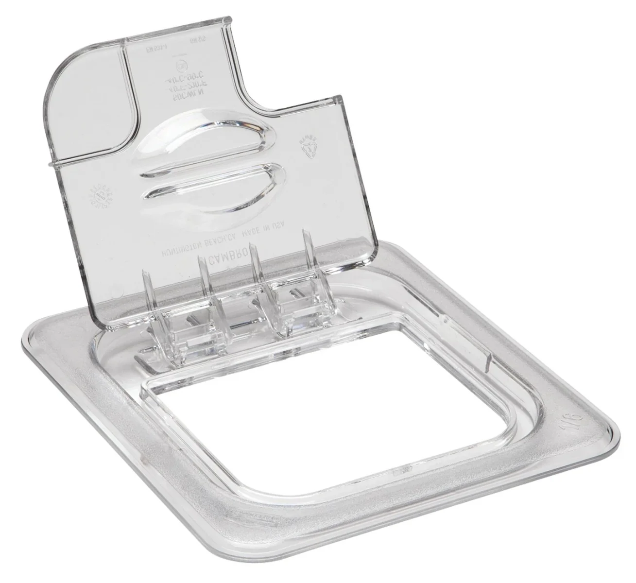 Cambro 60CWLN135 Camwear FlipLid Polycarbonate Food Pan Cover with Spoon Notch - 1/6 Size - Clear