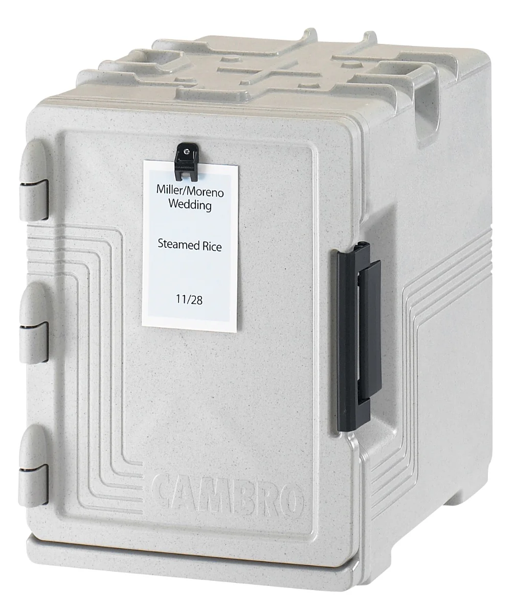 Cambro UPCS400480 Ultra Pan Carrier S-Series Front Loading Insulated Food Pan Carrier with Menu Clip 18" 60 qt. - Speckled Gray - (6) Full Size 2-1/2" Deep Pan Capacity - Image 7