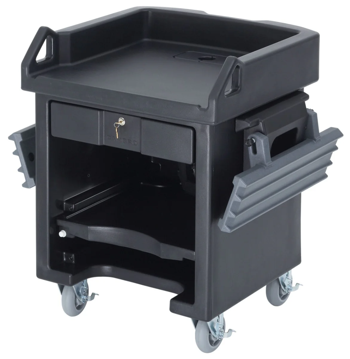 Cambro VCSWRHD110 Versa Cash Register Cart with Dual Adjustable Rails, Lockable Center Drawer and Heavy Duty Casters 52-3/4"L x 32"W x 43-3/4"H - Black - Image 2