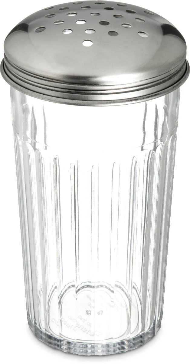 Carlisle 331907 Fluted Plastic Cheese Shaker with Stainless Steel Perforated Top 12 oz. - Clear