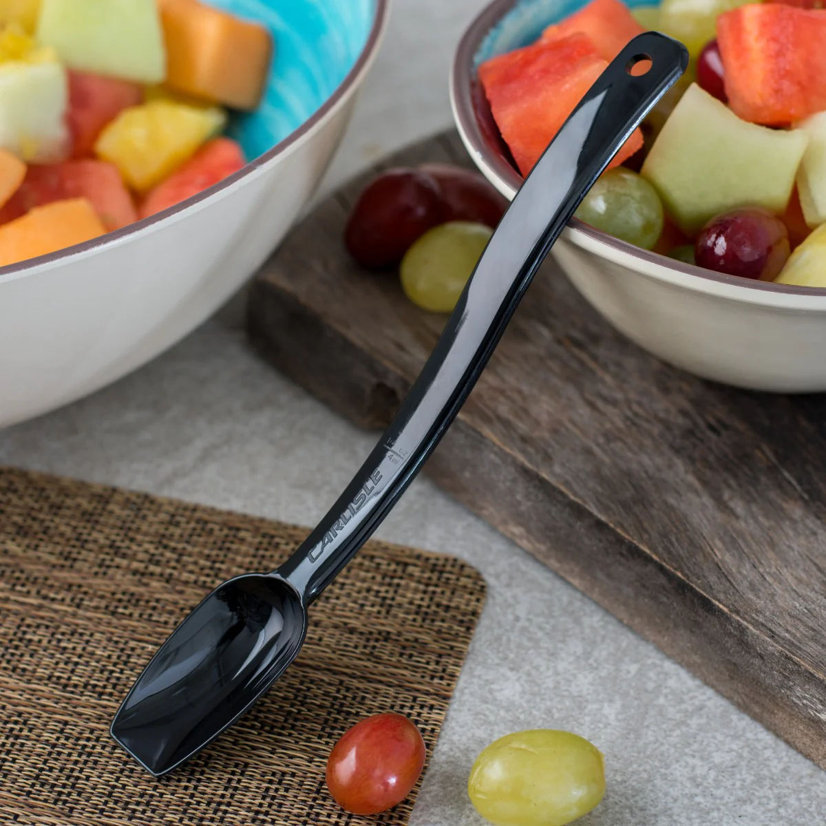 Carlisle 447003 One-Piece Plastic Solid Salad/Buffet Serving Spoon with Notched handle 10" - 3/4 oz. - Black - Image 7