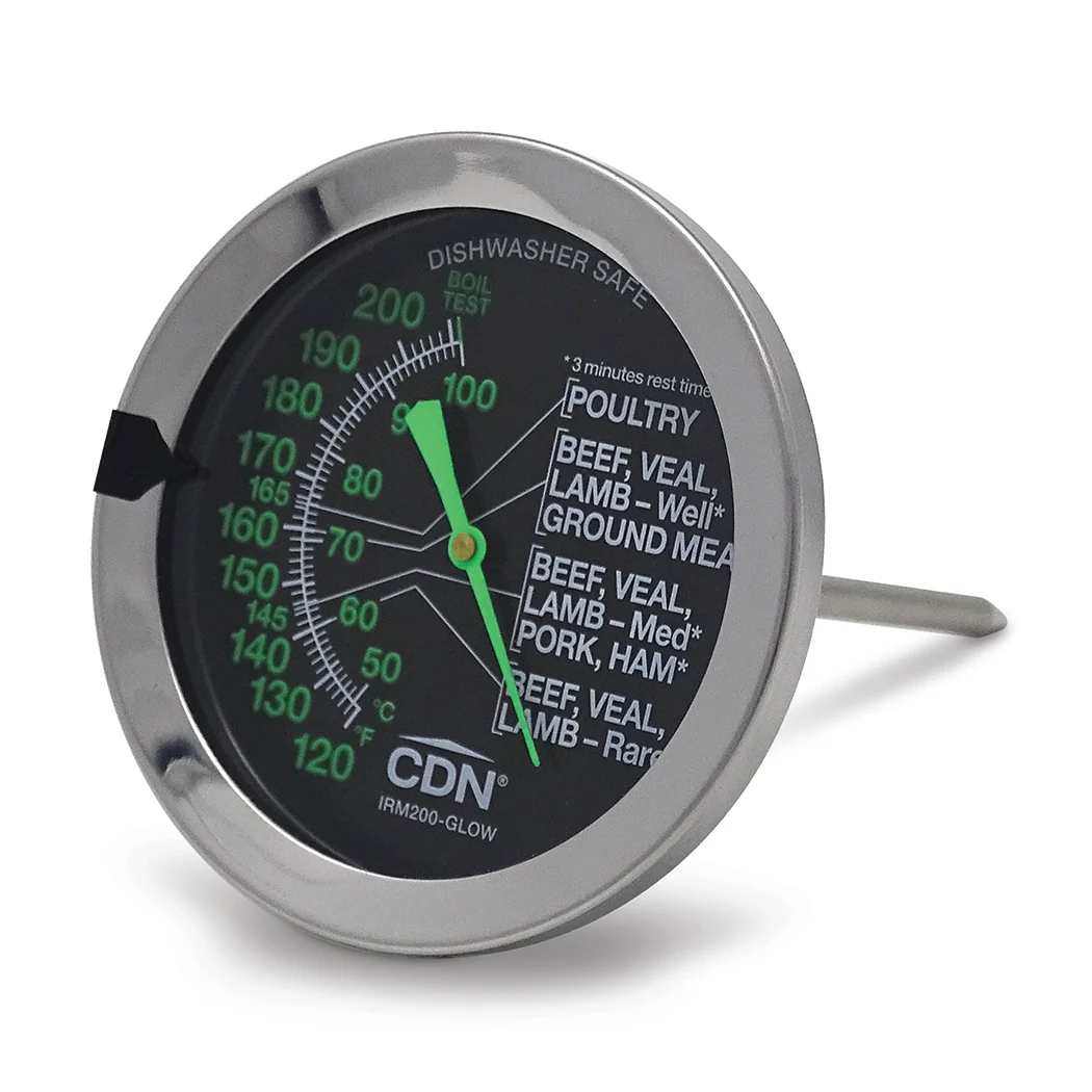 CDN IRM200-GLOW Oven-Proof Dial Probe Meat/Poultry Thermometer with 5" Stem and 2" Glow-In-The-Dark Dial - 120 to 200 Degrees F