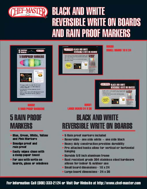 Chef Master 90031 Large Black & White Reversible Write-On Marker Board 24" x 36" with (5) Rainproof Markers - Image 3