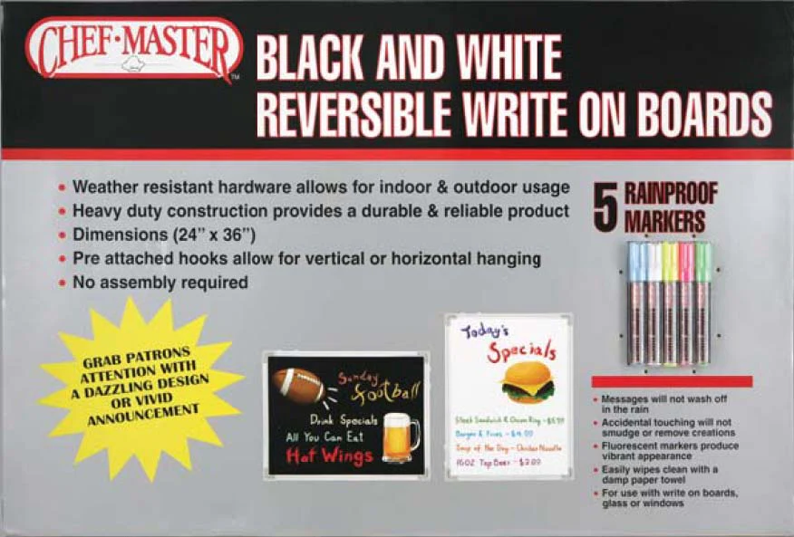 Chef Master 90031 Large Black & White Reversible Write-On Marker Board 24" x 36" with (5) Rainproof Markers - Image 4