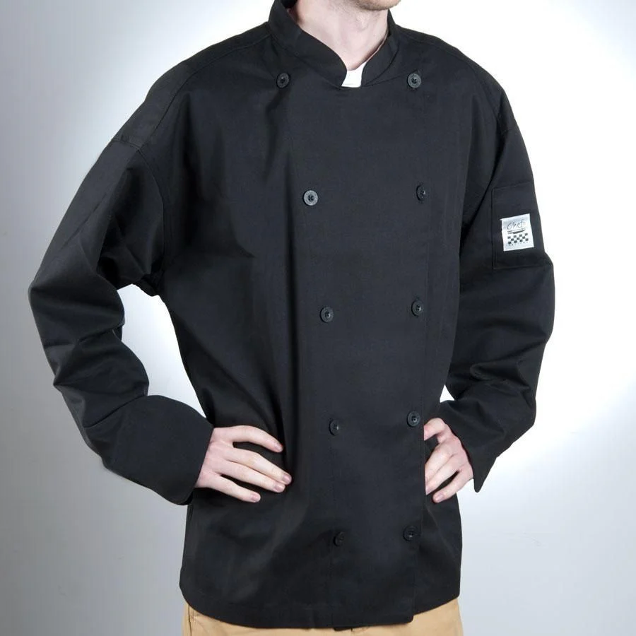 Chef Revival J061BK-M Unisex Long Sleeve Double-Breasted Chef's Jacket with Logo Buttons - Black / Medium