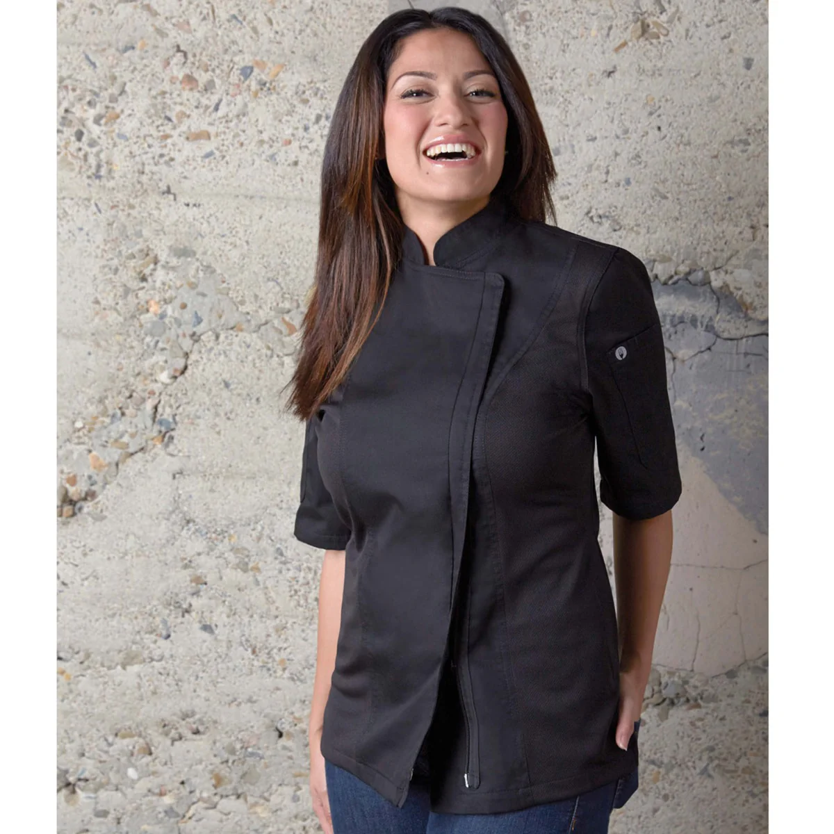 Chef Works BCWSZ006BLK2XL Women's Springfield Short Sleeve Single-Breasted Chef Coat with Zipper - Black / 2X-Large
