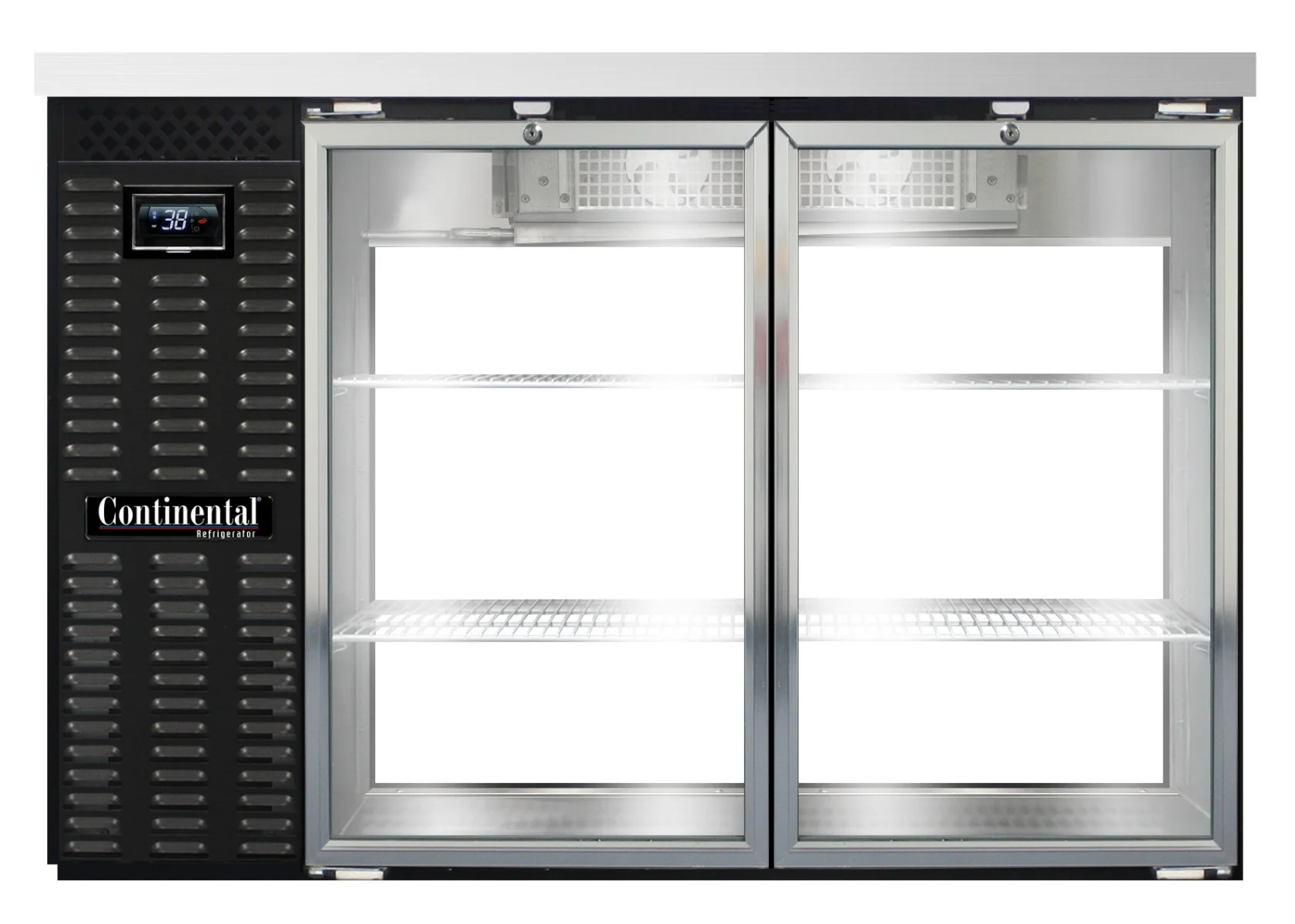 Continental Refrigerator BB50NGDPT Black 4 Glass Swing Door Standard Depth Pass-Thru Back Bar Refrigerator 50" - Holds (8) 1/6 Size Kegs or (2) Straight Wall Kegs - 115v