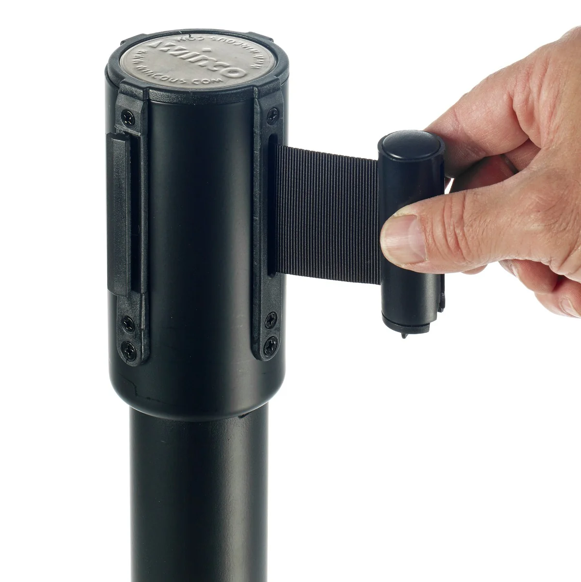 Winco CGS-38K Crowd Control Guidance System Steel Stanchion Post 35-1/2"H with 6-1/2' Retractable Belt - Black - Image 2