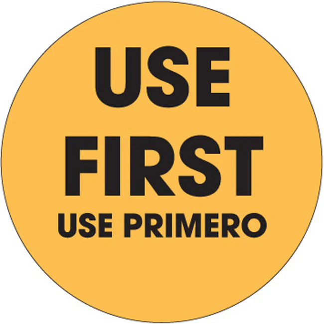 Ecolab Daydots 10607-01-21 SupeRemovable Labels, "Use First" (English/Spanish) 3" - Orange - Roll of 500