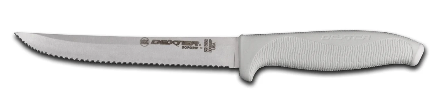 Dexter-Russell 24213 SofGrip Scalloped Utility Slicer Knife with 6" High-Carbon Steel Blade and White Rubber Handle