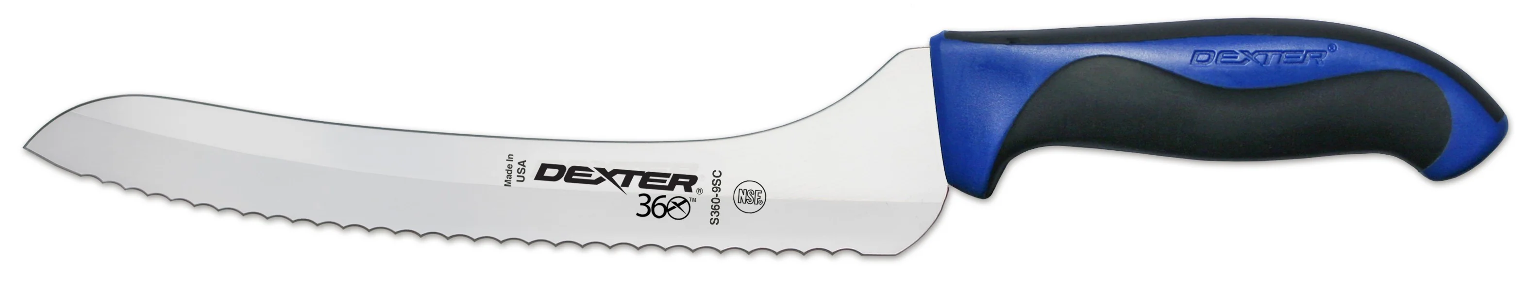 Dexter-Russell 36008C 360 Series Scalloped Offset Slicer Knife with 9" High-Carbon Steel Blade and Black/Blue Plastic Handle