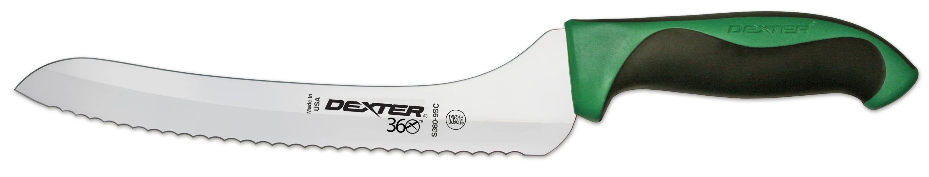 Dexter-Russell 36008G 360 Series Scalloped Offset Slicer Knife with 9" High-Carbon Steel Blade and Black/Green Plastic Handle