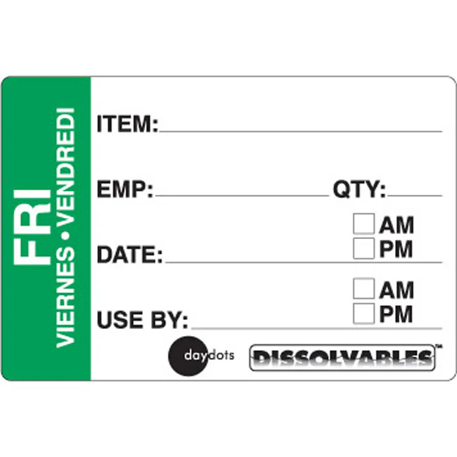 Ecolab Daydots 10206-05-31 Dissolvable Prep Labels, Friday (E/S/F) 2" x 3" - Green / White - Roll of 250
