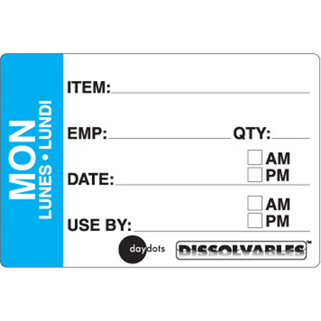 Ecolab Daydots 10206-01-31 Dissolvable Prep Labels, Monday (E/S/F) 2" x 3" - Blue / White - Roll of 250