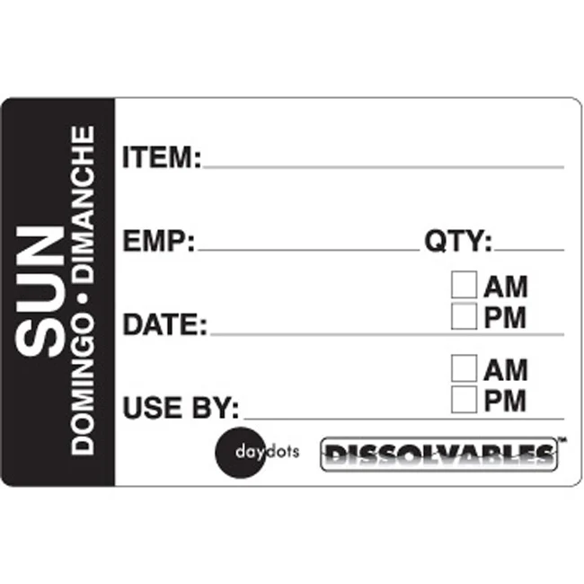 Ecolab Daydots 10206-07-31 Dissolvable Prep Labels, Sunday (E/S/F) 2" x 3" - Black / White - Roll of 250