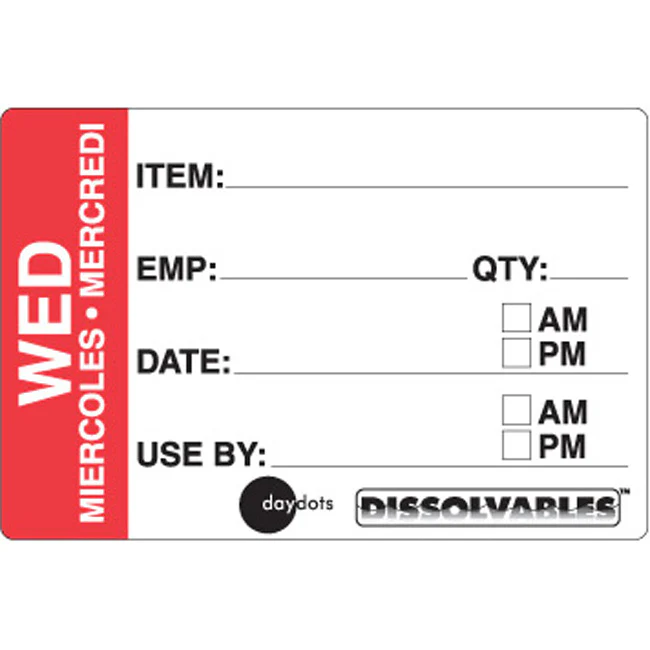 Ecolab Daydots 10206-03-31 Dissolvable Prep Labels, Wednesday (E/S/F) 2" x 3" - Red / White - Roll of 250