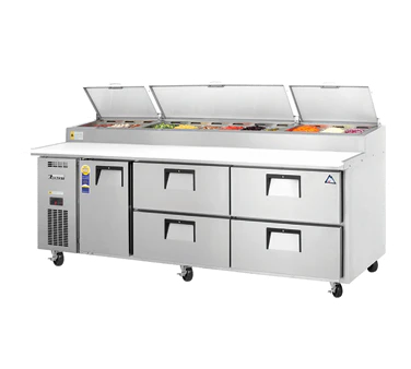 Everest Refrigeration EPPR3-D4 3-Section 1 Door / 4 Drawer Pizza Prep Table Refrigerator with Cutting Board 94" - Holds (12) 1/3 size pans - 30 Cu. Ft. - 115v