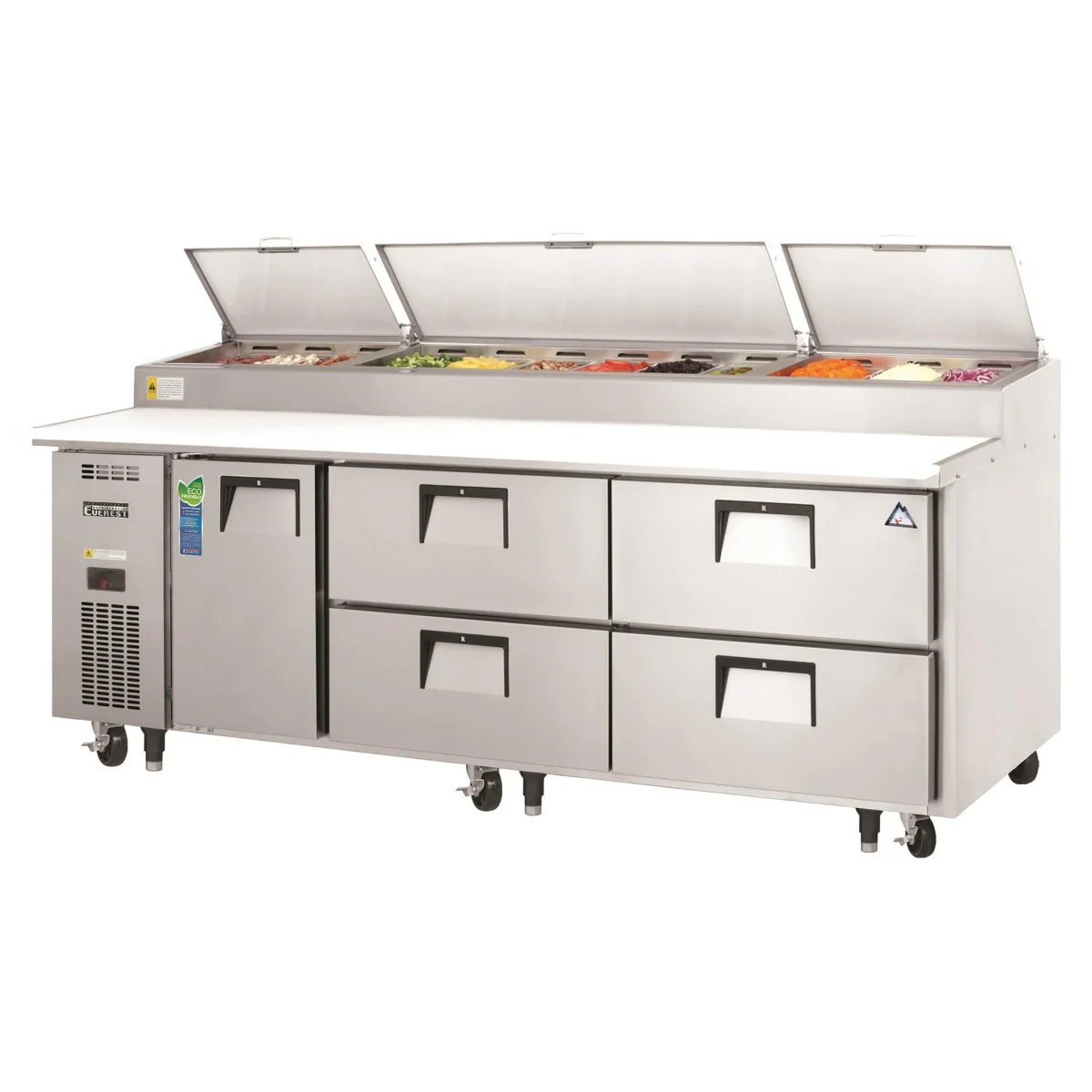 Everest Refrigeration EPPR3-D4 3-Section 1 Door / 4 Drawer Pizza Prep Table Refrigerator with Cutting Board 94" - Holds (12) 1/3 size pans - 30 Cu. Ft. - 115v - Image 2