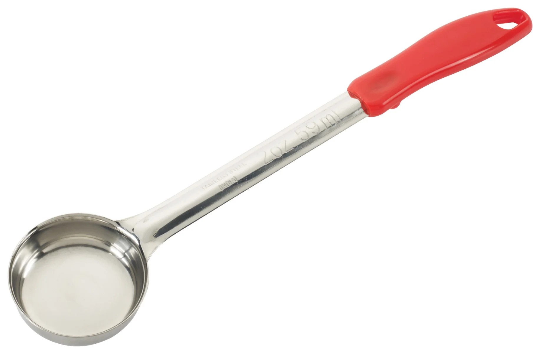 Winco FPS-2 One-Piece Stainless Steel Solid Round Food Portioner with Red Plastic Handle 2 oz.