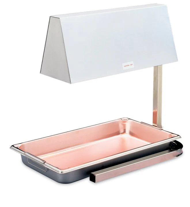 Vollrath 71500 OHC-500 Cayenne Twin White Bulb Heat Lamp with Cantilever Hood & U-Shaped Base (Accepts Full Size Pans) 14" x 19" - 120v
