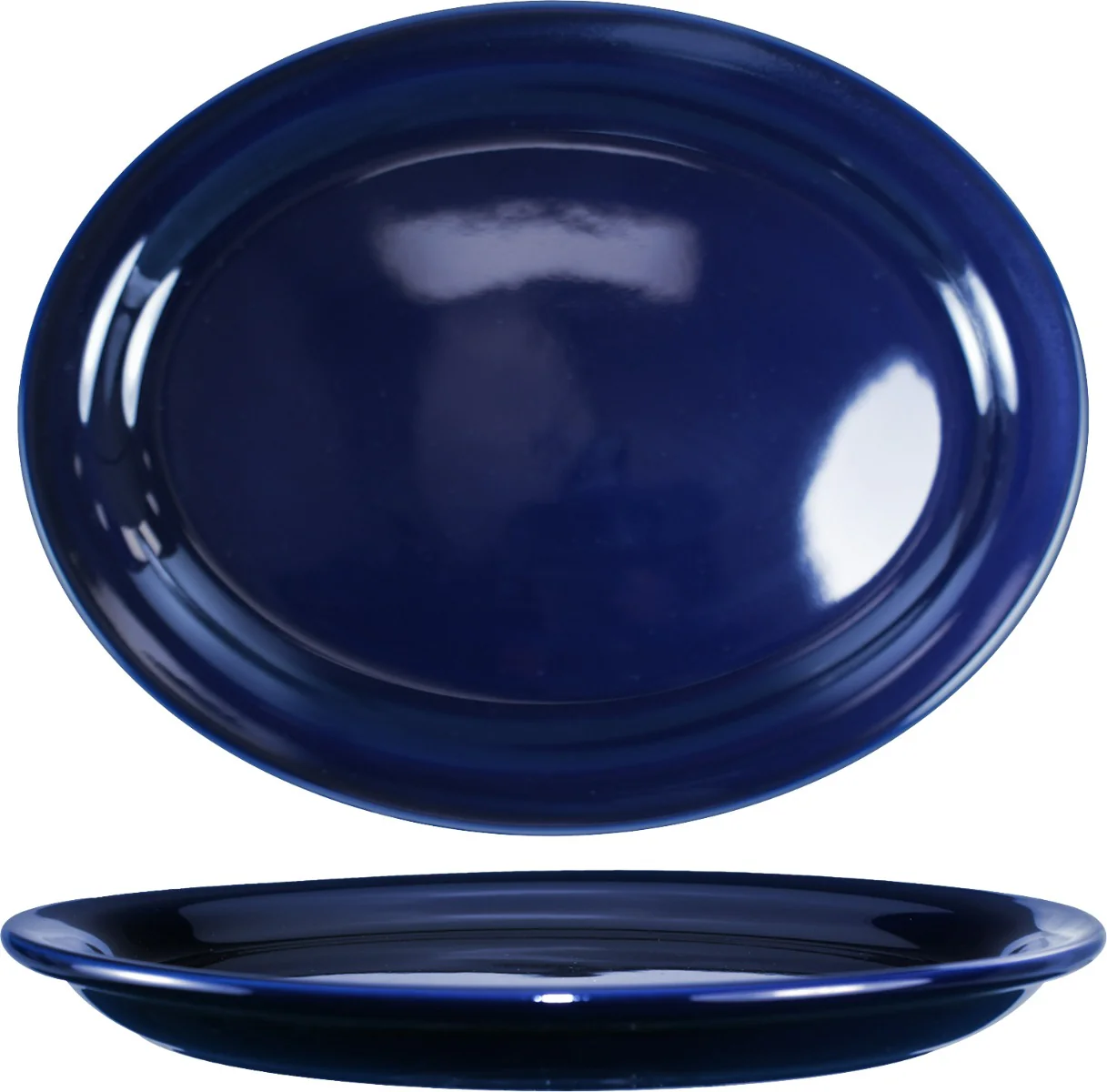 International Tableware CAN-12-CB Cancun Cobalt Blue Rolled Edge Narrow Rim Oval China Platter 9-3/4" x 7" - 24/cs