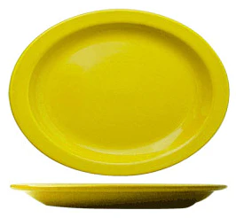 International Tableware CAN-12-Y Cancun Yellow Rolled Edge Narrow Rim Oval China Platter 9-3/4" x 7" - 24/cs - Image 2