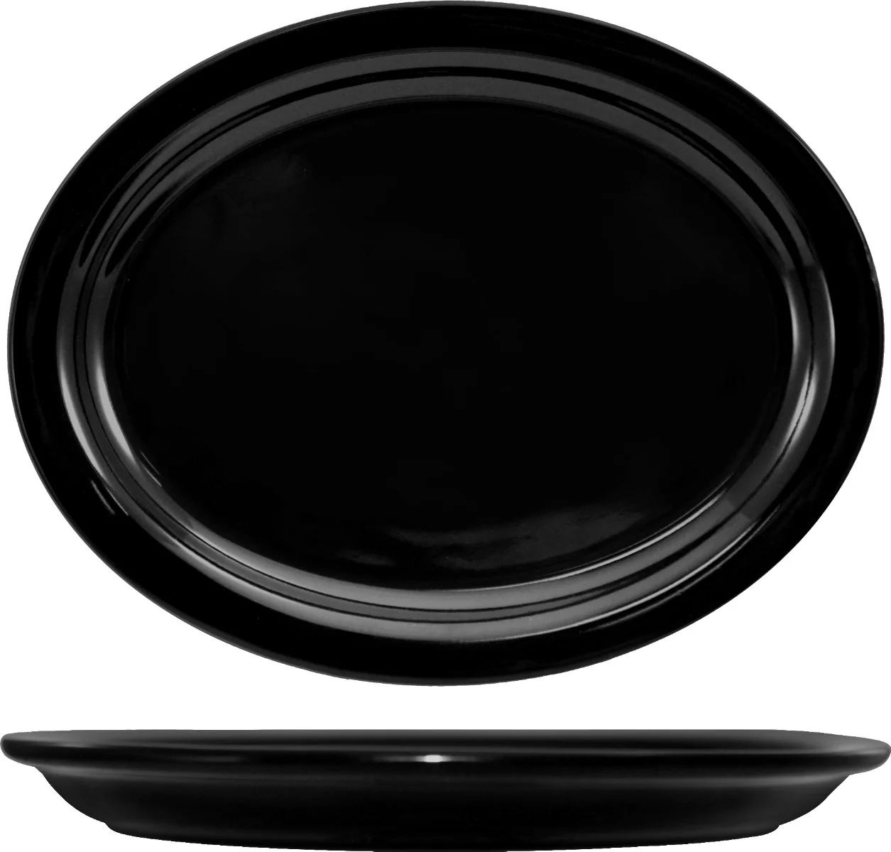 International Tableware CAN-13-B Cancun Black Rolled Edge Narrow Rim Oval China Platter 11-3/4" x 9-1/4" - 12/cs