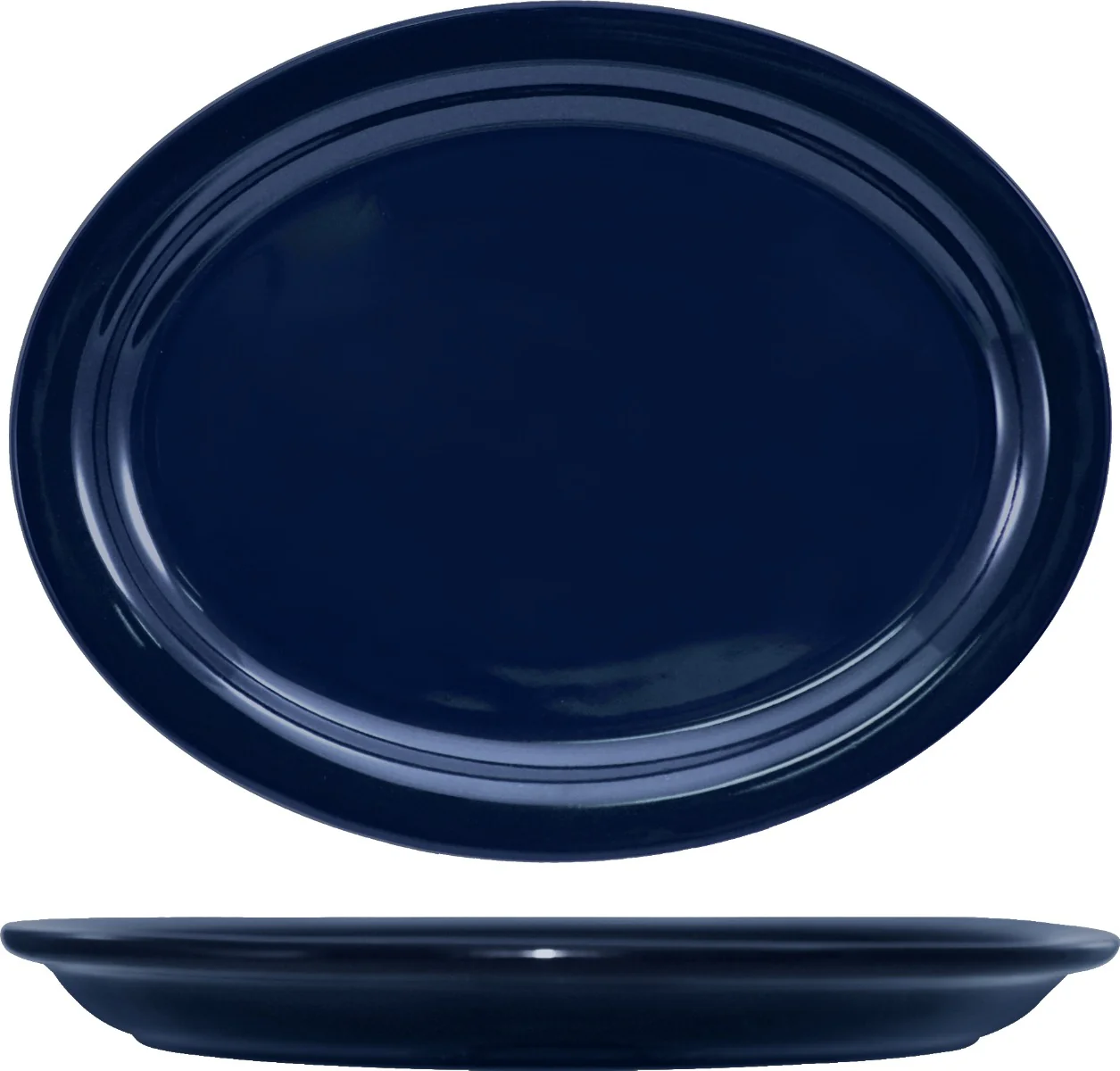 International Tableware CAN-13-CB Cancun Cobalt Blue Rolled Edge Narrow Rim Oval China Platter 11-3/4" x 9-1/4" - 12/cs