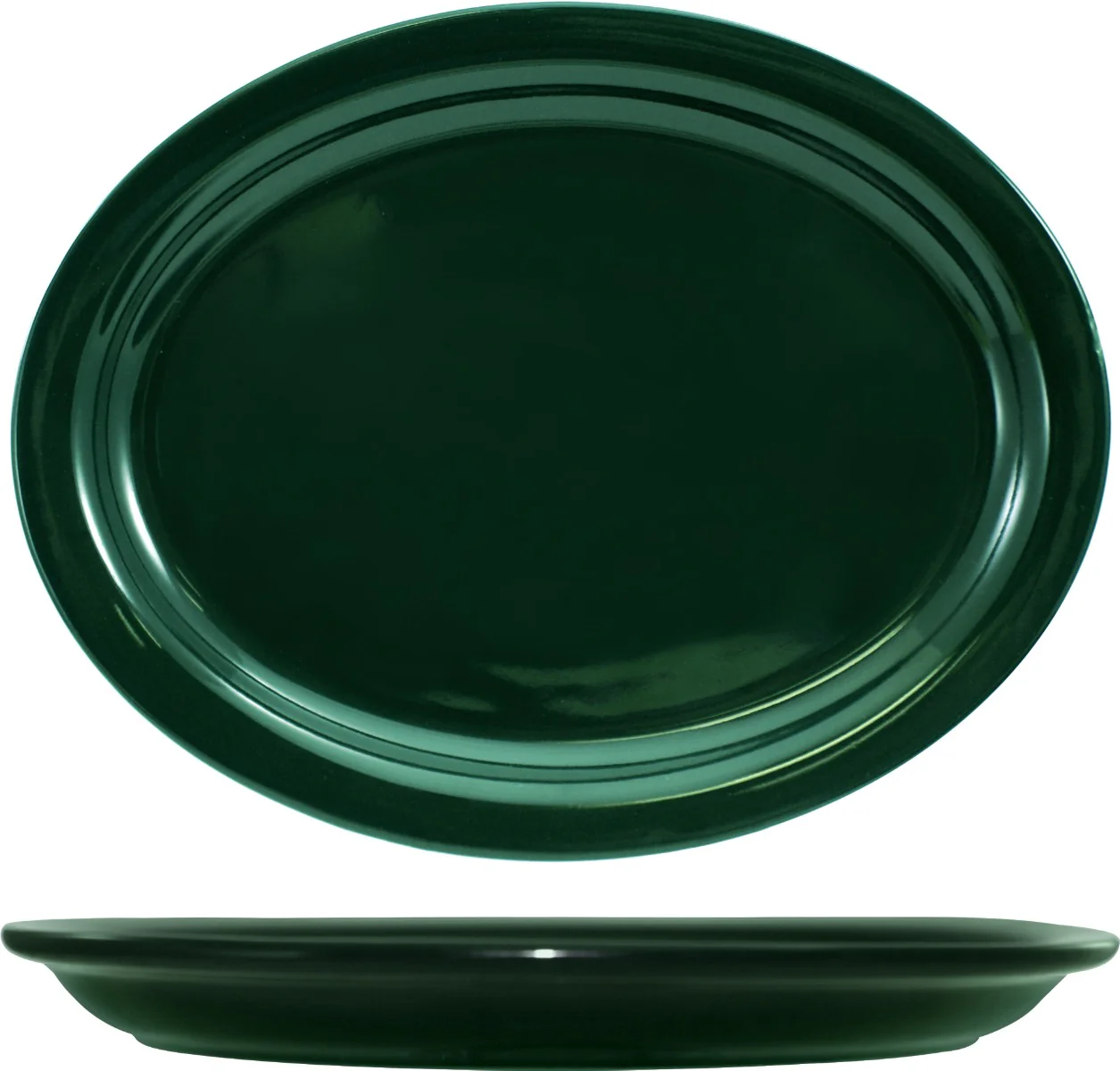 International Tableware CAN-13-G Cancun Green Rolled Edge Narrow Rim Oval China Platter 11-3/4" x 9-1/4" - 12/cs