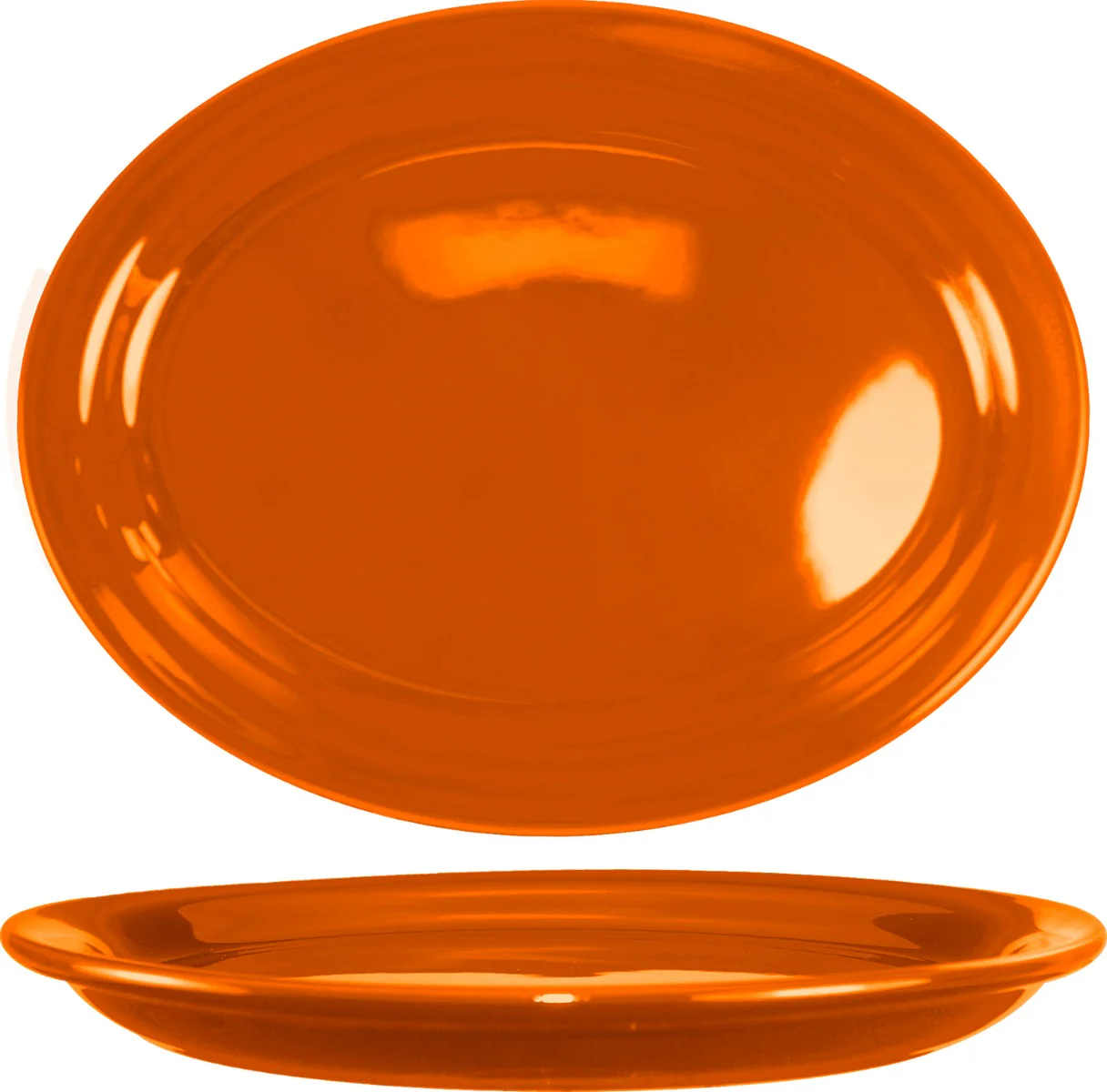 International Tableware CAN-13-O Cancun Orange Rolled Edge Narrow Rim Oval China Platter 11-3/4" x 9-1/4" - 12/cs