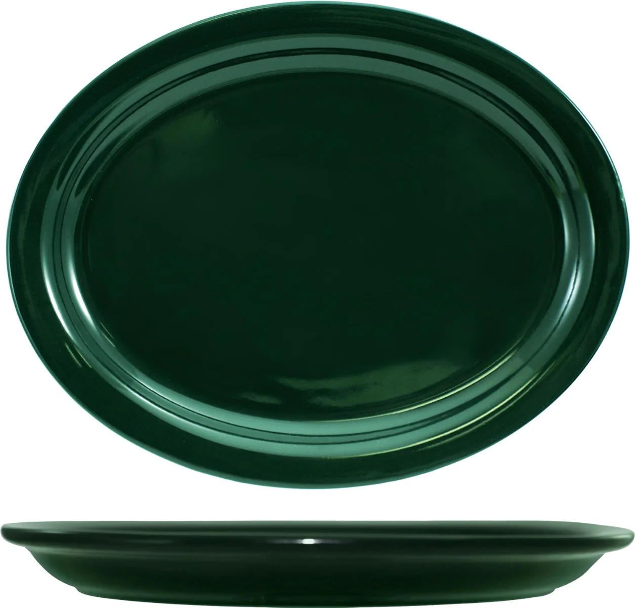 International Tableware CAN-14-G Cancun Green Rolled Edge Narrow Rim Oval China Platter 13-1/4" x 10-3/8" - 12/cs