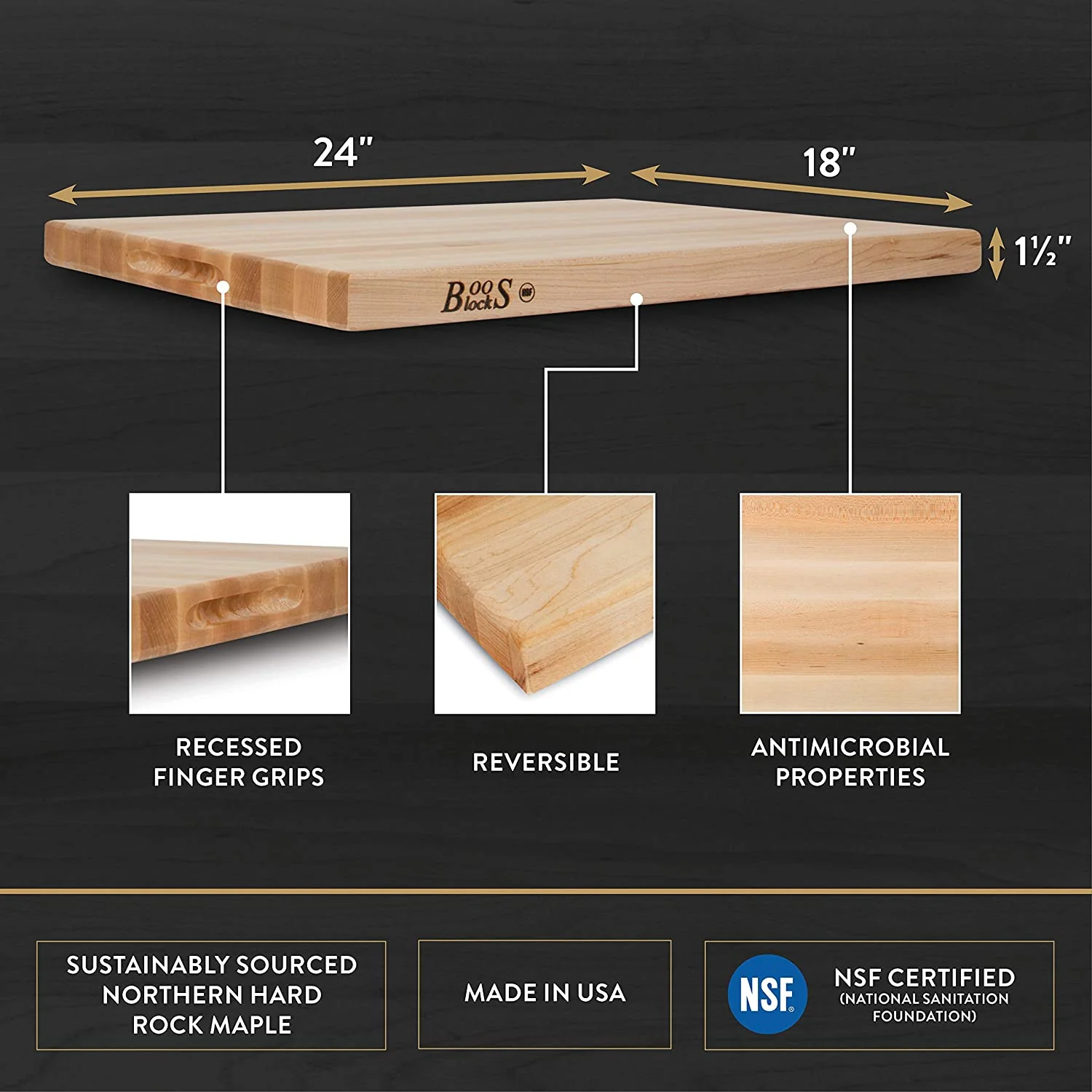 John Boos R02 Boos Blocks R-Board Reversible Maple Wood Cutting Board with Hand Grips 24" x 18" x 1-1/2" - Image 5
