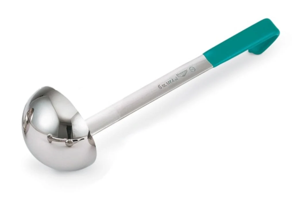 Vollrath 4980655 Jacob's Pride One-Piece Heavy-Duty Stainless Steel Ladle with 12-3/8" Teal Kool-Touch Grooved Hooked Handle 6 oz.